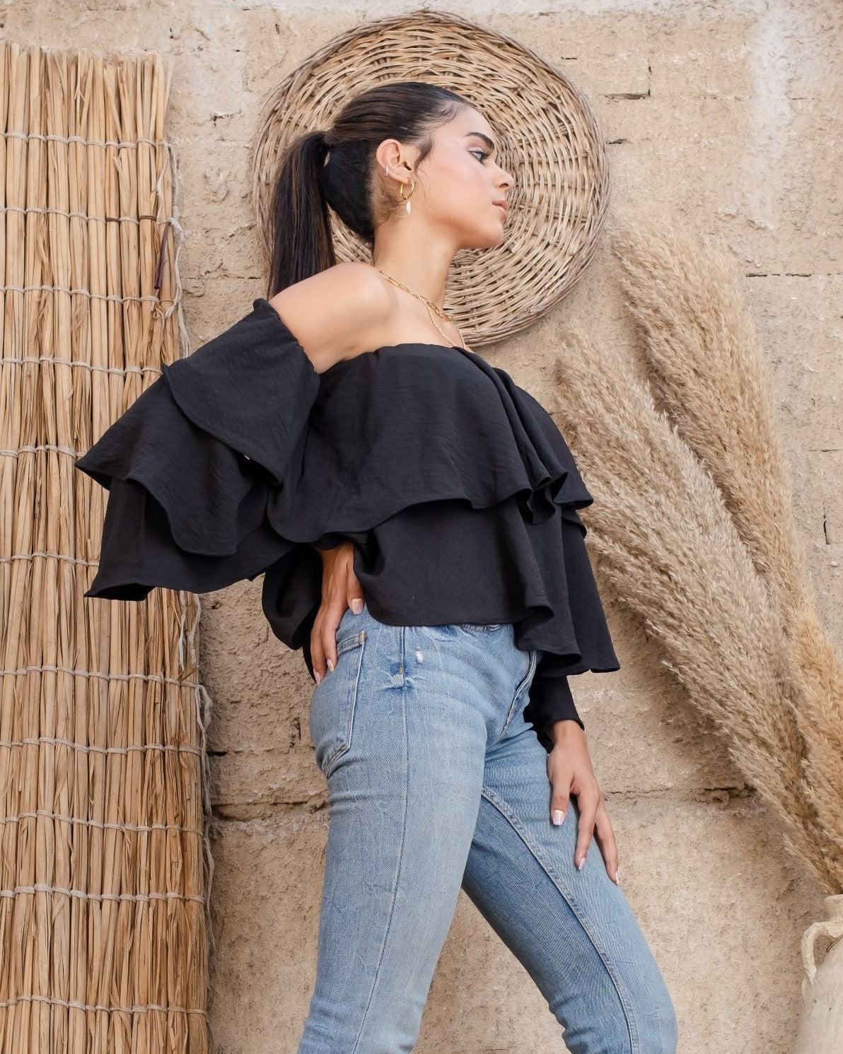 Black Ruffle-Up Top