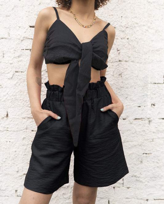 Black Paperbag Linen Shorts