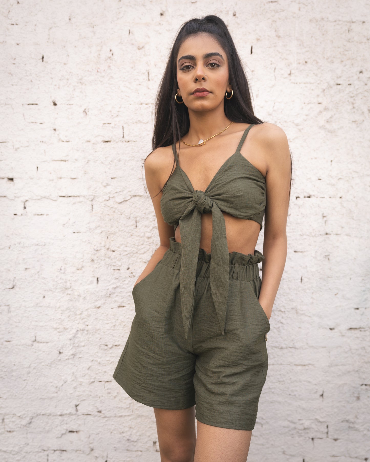 Olive Paperbag Linen Shorts