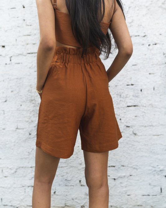 Brown Paperbag Linen Shorts