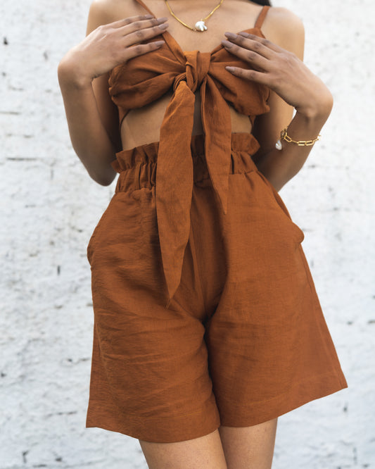 Brown Paperbag Linen Shorts